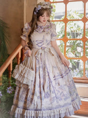 Plus Sizes Available Purple Floral Print and Embroidery Classic Lolita Short Sleeves Dress