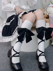 White/Pink/Red Big Bow Crisscross Banded Under Knee Stockings