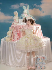 Yellow & Pink Strawberry Princess Layered Ruffle Dress Sweet Lolita Jumper Skirt with Detachable Puff Sleeves