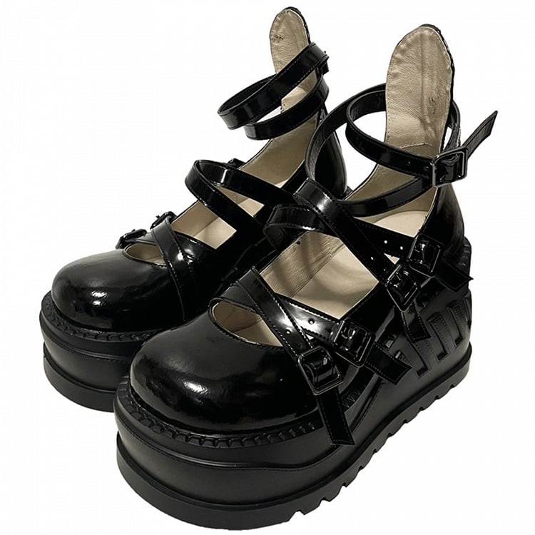 Y2K Black Crisscross Design Platform Mary Janes