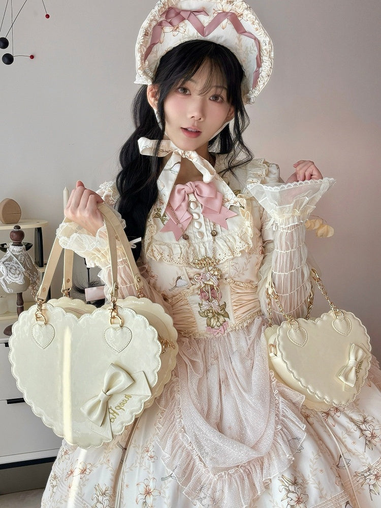 Sweet Yellow PU Leather Crossbody / Hand Bag - Heart-shaped Lolita Bag with Bow & Zipper