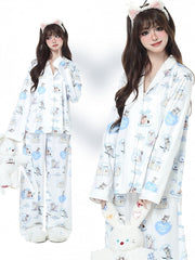 Puppy and Kitten Print White Long Sleeve Pyjama Set