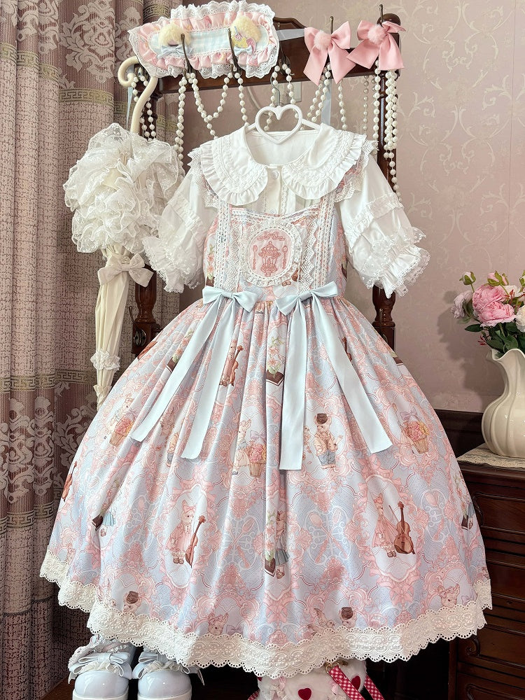 Bunny and Violin Print Blue High Waist Sweet Lolita Jumper Skirt
