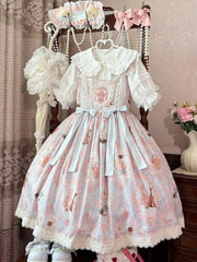 Bunny and Violin Print Blue High Waist Sweet Lolita Jumper Skirt