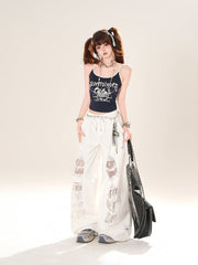 White Drawstring Waist Distressed Holes Wide-Leg Jeans
