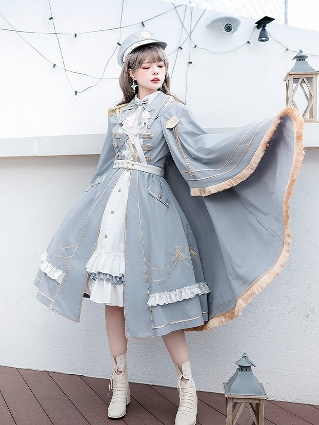 Blue Military Lolita One Shoulder Cape with Golden Trim Fringe Details