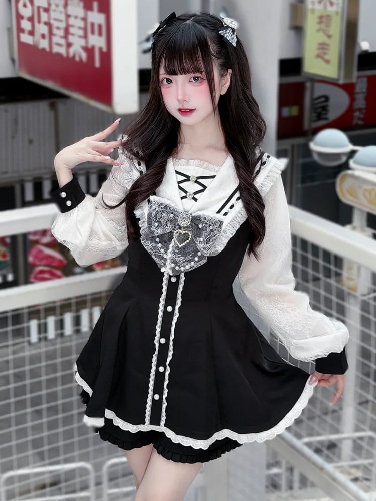 Nautical Jirai Kei Coord Set: Black and White Sailor Collar Dress with Matching Shorts