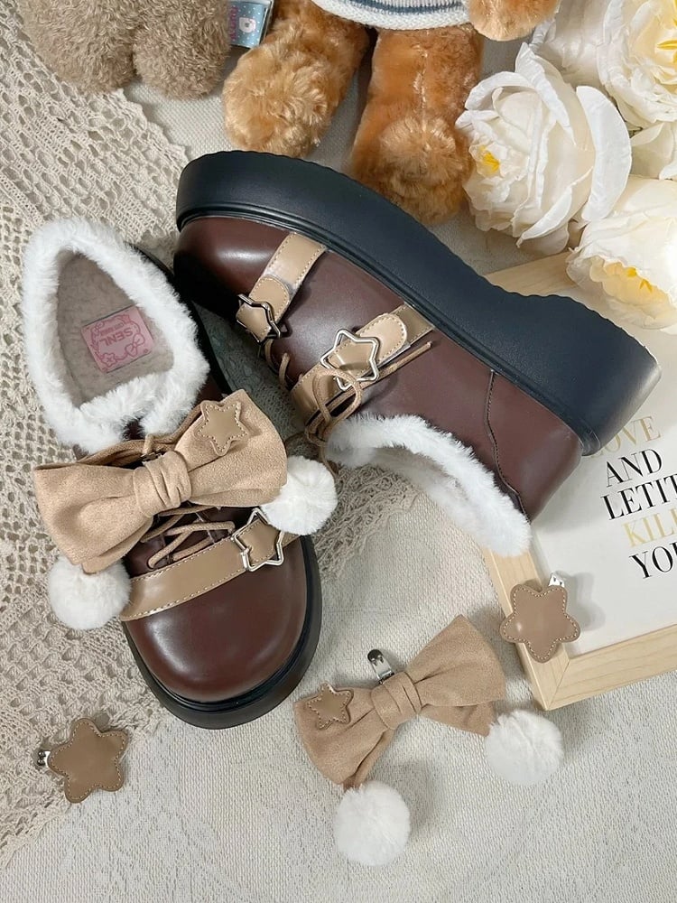 Star Details & Detachable Bow Accent Winter Sweet Lolita Brown PU Leather Platform Shoes