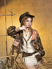 Punk Retro Beige Knit Dress with Bishop Sleeves & Brown PU V-neck