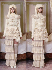 Cream White Cable Knit Cropped Hooded Cardigan with Detachable Fur Trim