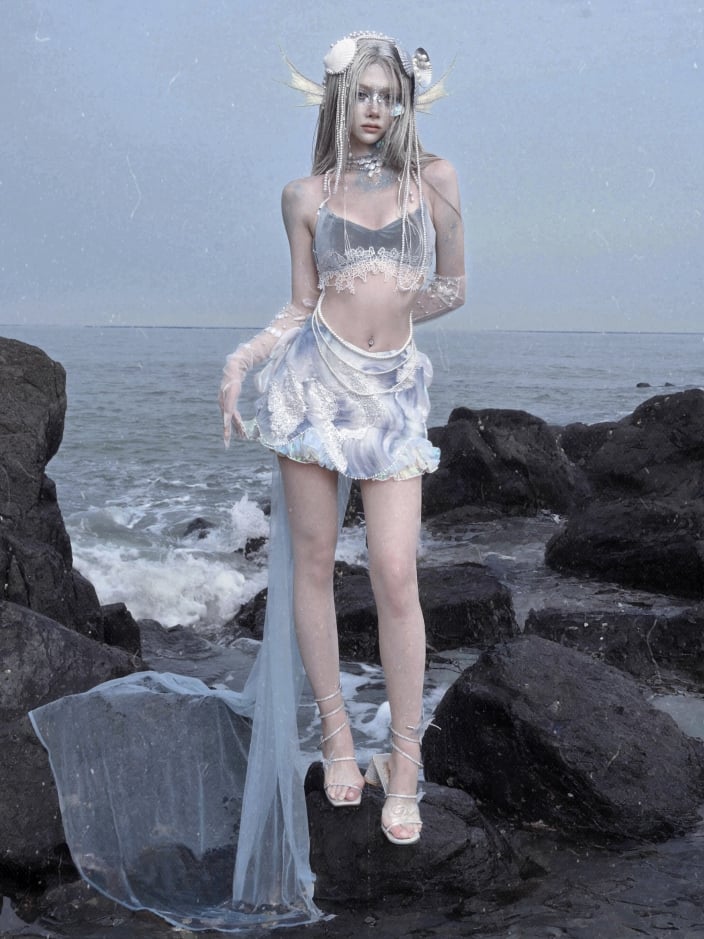 Lace Applique Dusty Blue Velvet Camisole with Detachable Bead Chains