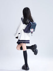 White Sailor-Collar Knit Cardigan with Blue Distressed Hem & & Embroidered Crest