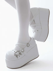 White Y2K Crisscross Design Wings Decorated Heart Buckles Platforms