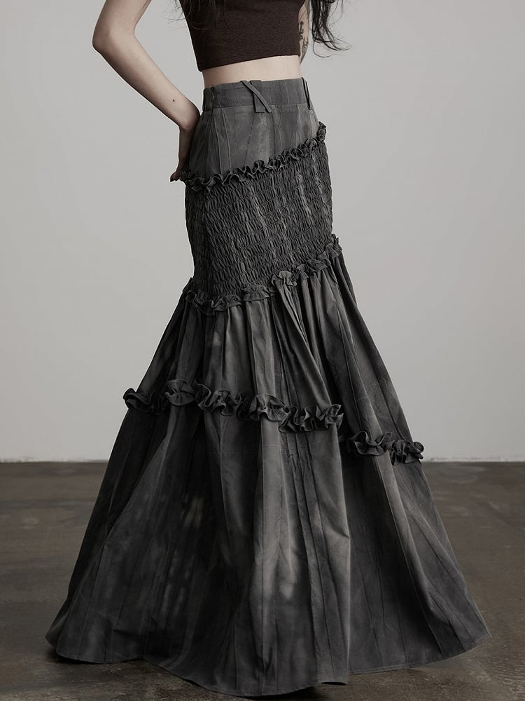 Urban Goth Dark Grey Tie-Dye Ruched Ruffle Mermaid Skirt