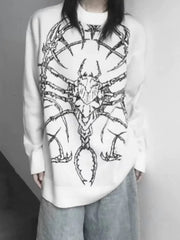 White Gothic Dark Style Sweater with Bone Beetle Pattern