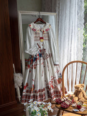 White Apple and Plaid Print Front Button Placket Autumn One Piece