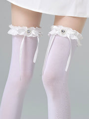 White/Grey/Black Jirai Kei Heart-shaped Rhinestone Bowknot Ruffled Cuff Overknee Stockings