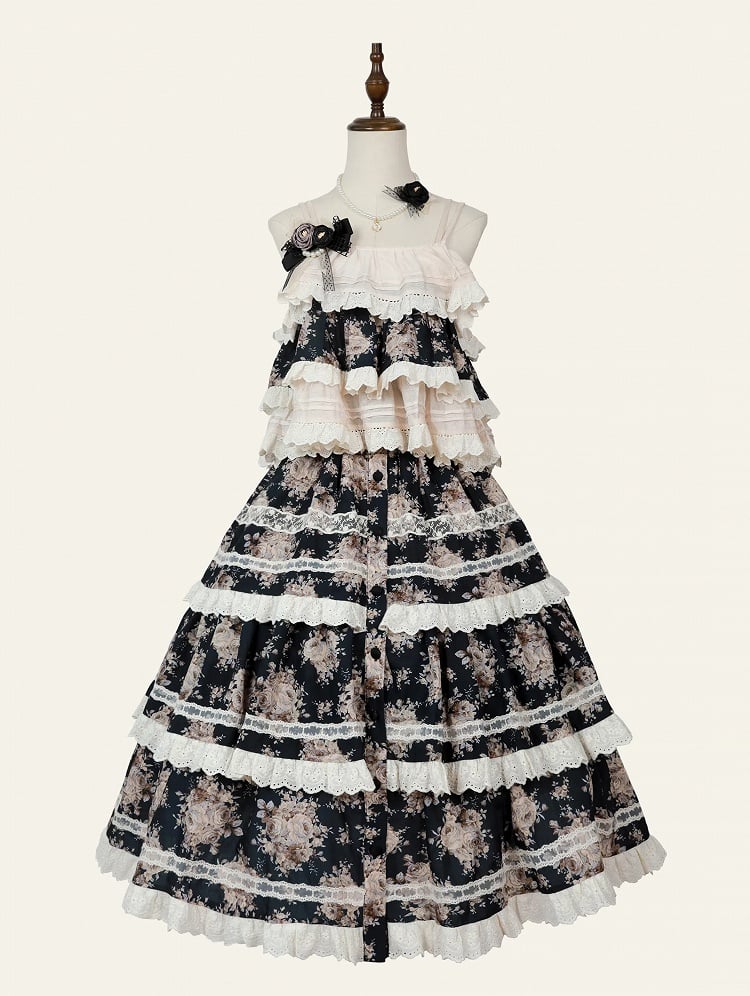 Rosette Floral Print Black Front Button Placket Pink House Style Lolita Skirt