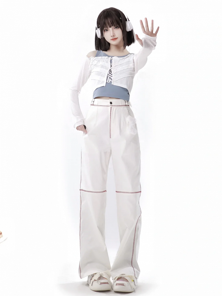 White Straight-leg Cut Plush Bone Charm Waist Pants