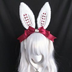 Pink/Red/Black/Black Bow Decorated White Faux Bunny Ear Lolita KC with Diamond Pattern Alice Vibes