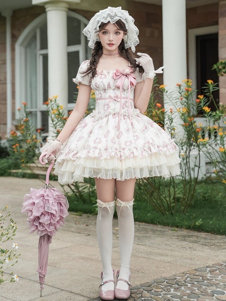 Rosette Print Elastic Square Neckline Short Version Classic Lolita OP Full Set