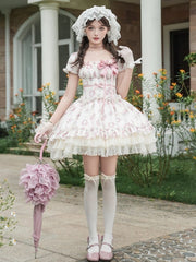 Rosette Print Elastic Square Neckline Short Version Classic Lolita OP Full Set