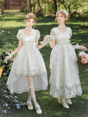 White Short Version Empire Style Lolita Full Set - Slip Dress + Cropped Top + Overlay + Headpieces