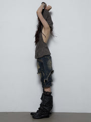 Punk Cross Gray Striped Off-the-shoulder Neckline Top