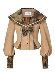 Steampunk Khaki Top with Brown PU Sailor Collar & Embroidered Lace Applique