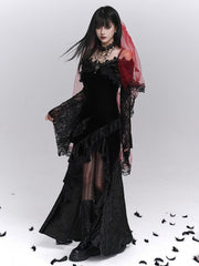 Halloween Gothic Black Off-Shoulder Dress with Floral Embroidered Bell Sleeves
