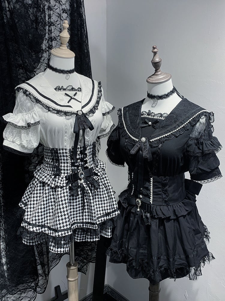 Jirai Kei Short Sleeves Blouse Black/White with Beaded Sailor Collar & Cutout Shoulder