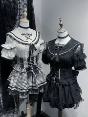 Jirai Kei Short Sleeves Blouse Black/White with Beaded Sailor Collar & Cutout Shoulder