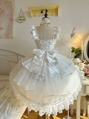 White & Silver Princess Lolita JSK Dress with Layered Ruffle Skirt and Bow Accents