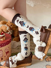 Creamy White/Mint Green Chocolate  Polka-dot Pattern Lolita Calf Socks