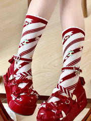 Red Apple Bowknot Print Striped Pattern Lolita Calf Socks