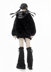Winter Wolf Ears Design Plaid Hooded Black Plush Coat