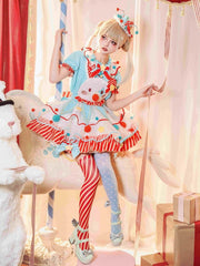 Fleece Clown Bunny Bodice Green and Orange Circus Sweet Lolita Overalls Pastel Clowncore Dress