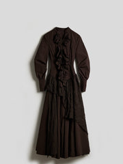 Urban Goth Dark Brown Ruffled Asymmetrical-Cut Long-Sleeve Dress