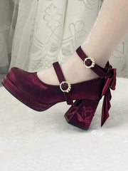 Wine Red Detachable Bowknot Lily of the Valley Embroidery Middle Heels Mary Janes