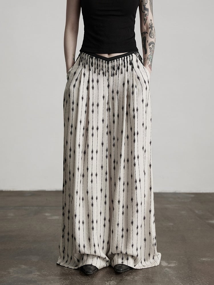 Urban Goth White Diamond Pattern Wide-Leg Pants with Waist Beaded Tassel Charm Decoration