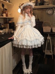 White & Blue Lace-Trimmed Sweet Lolita Dress with Petal-Edged Cuffs + Detachable Bunny Ears Cape Set