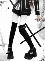 Y2K Black Velvet Goth Platform Boots Thigh-high with Coffin Buckles & Cross Chain