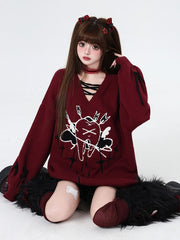 Wine Red Tooth and Star Pattern V-neck Loose Sweater Lace-up Detail