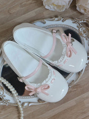 Sweet Lolita White Round-Toe Flats - Pink Knotted Bow Accent & Heart-Shaped Buckle with Delicate Lace Trim