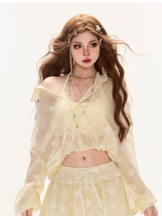Yellow Allover Star Print Sun Protection Semi-sheer Cropped Shirt