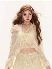 Yellow Allover Star Print Sun Protection Semi-sheer Cropped Shirt