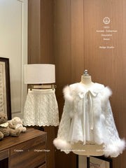 Vintage Luxe Frayed-Trim Wool Knit Top & Cable-Knit Skirt Set