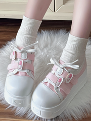 Yami Kawaii Pink Low-top Version Platform Sneakers with Lace-up & Velcro Strap Closures
