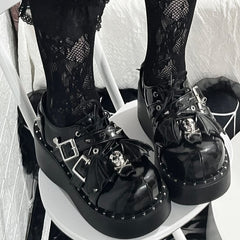 Y2K Black Punk Stud Buckle Strap Bat Wings Design Platform Shoes