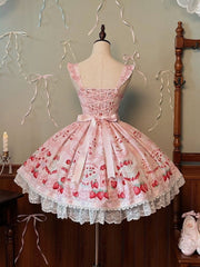 Strawberry and Cake Print Pink Cute Dress Sweet Lolita Jumper Skirt